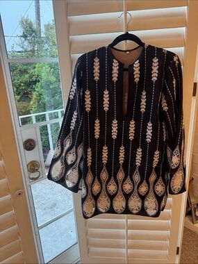 Johanna Ortiz Black Tunic with White Embroidered Motifs